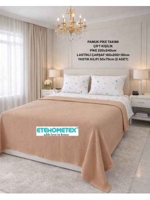 ETEHOMETEX ÇİFT KİŞİLİK %100 PAMUK HAVUZLU PİKE TAKIMI BEJ 8696474232071